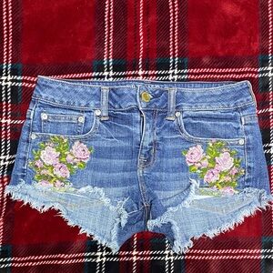 American Eagle Blue Jean Shorts with Pink Floral Embroidery